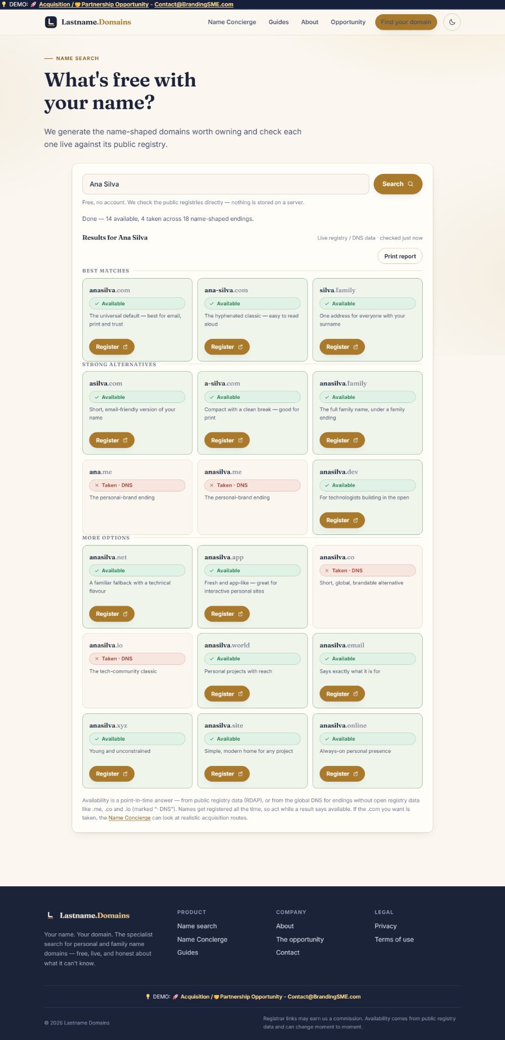 Screenshot of the Lastname Domains search results: eighteen name-shaped endings for a name, each marked Available, Taken, or checked via DNS, grouped into best matches and alternatives.